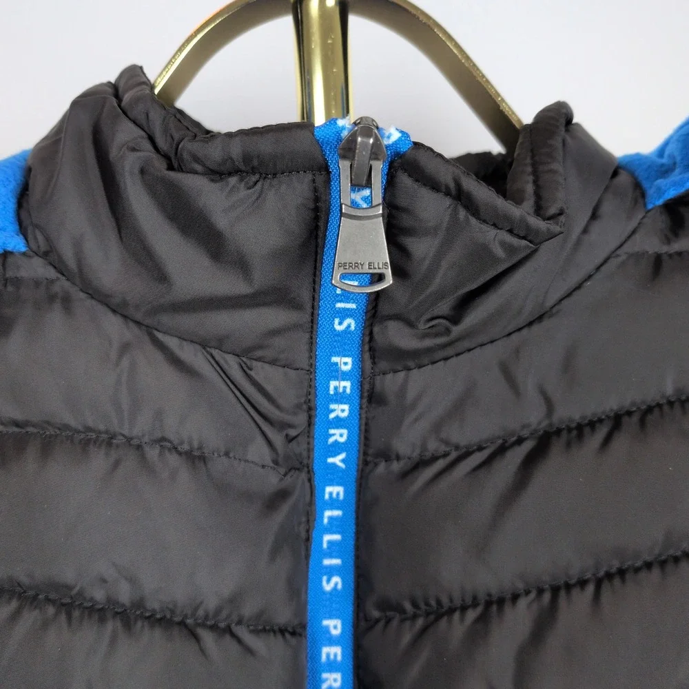 Perry Ellis Boy 14/16 Puffer Jacket Black Blue Fleece Lined Hooded Winter Coat